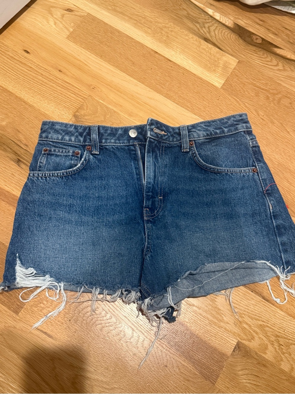 Topshop Classic High-Waist Distressed Denim Shorts - Blue